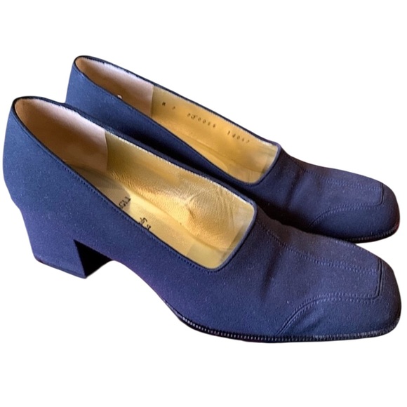 Vintage 90s BRUNO MAGLI Navy Square Toe Chunky Block Heels & Shoe Dust Bag - 7 B - Picture 3 of 16